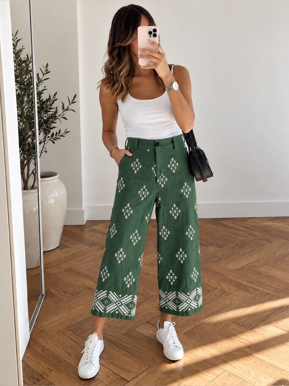 Zara Green Embroidered Linen Blend Wide Leg Pants XS Boho Resort